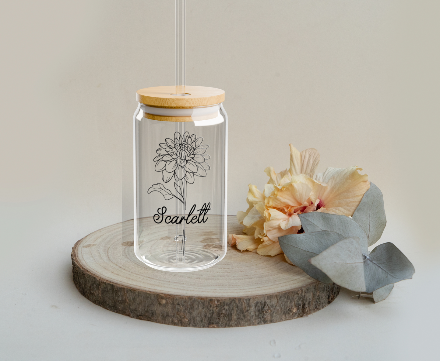 Name and Birth Month Flower Sipper Glass (Customizable)